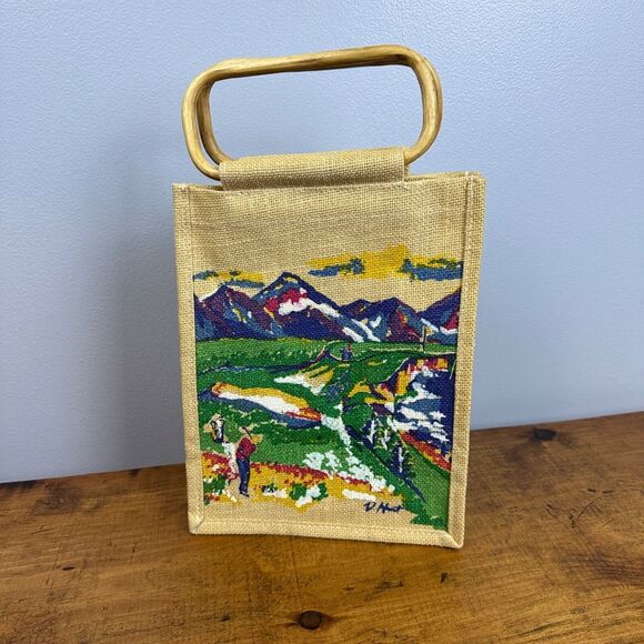Mural Painted Canvas Tan Green Art Design Tote Purse with Wooden Handles - Picture 4 of 7
